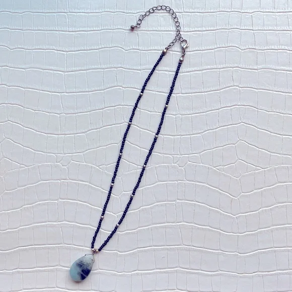 Black Beaded Necklace with Light Blue Stone Pendant - Picture 3 of 4